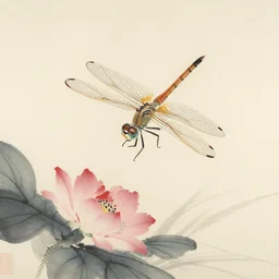 a classical Japanese ink painting of a dragonfly and flowers