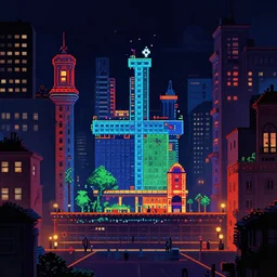 downtown at midnight gameplay still frame, 4 colors, pixel art, retro, splash screen, level design, high contrast, background, deep focus, highly detailed, dramatic lighting, digital painting, artstation, concept art, matte, greg rutkowski, moebius, illustration.