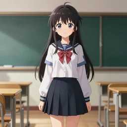 full body anime portrait of a cute android girl round eyes long hair dressed in a school uniform inside the school cinematic stunning highly detailed 4 k anatomically correct