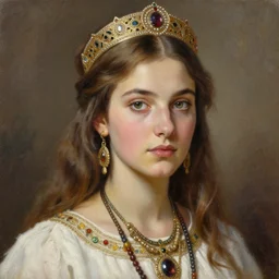 clothed in blouse, tiara, necklace, earrings. close - up face portrait painting of young scythian princess, by boris vallejo.
