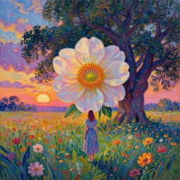 large flower as a face, girl standing in a flower field, surreal photography, big trees, sunrise dramatic light, impressionist painting, colorful clouds, digital painting, pointillism, artstation, simon stalenhag
