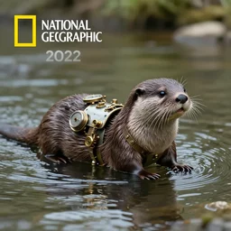 steampunk mechanical otter in a river, sci - fi, wildlife photograph, national geographic, award - winning
