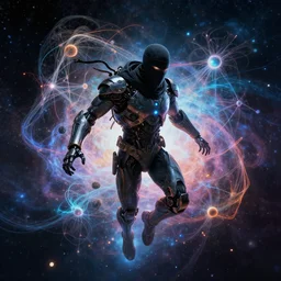 ninja cyborg floating in space letting go of reality and experiencing the quantum feild, matte painting comic book art, cinematic, highly detailed, realistic, beautiful cosmic neural network, octane render, unreal engine, depth of field, trending on artstation, sharp focus, philosophical splashes of colors