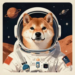 Shiba Inu cosmonaut portrait, planet mars,  60s poster, 1972 Soviet