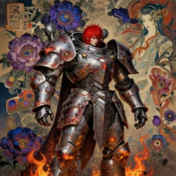 composition of gothic and futuristic, warhammer, cyber japan style armor, more scars and fire, many mechflowers, red head, some purple and blue, the middle ages, highly detailed, artstation, in the style of moebius, jugendstil and classic japanese print, psychedelic, art by agostino arrivabene, vanessa beecroft