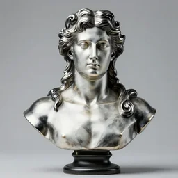 stylized shiny metal and black ornate statue bust made of marble of hercules, perfect symmetrical body, perfect symmetrical face, hyper realistic, hyper detailed, by johannen voss, by michelangelo, octane render, blender, 8 k, displayed in pure white studio room