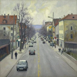 an edward hopper style painting of a busy road of ( ( ( ( ( ( ( ( gyor ) ) ) ) ) ) ) ) in hungary, late - winter, february of 1 9 4 8