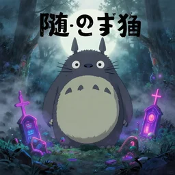 kind monster book cover, random season, by ghibli and atey ghailan, a neon graveyard, mist, fog