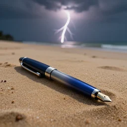 an expensive pen lying on a sandbar, cinematic, 4 k, award - winning, lightning, golden ratio