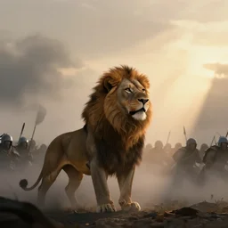a beautiful artwork illustration, a lion general commanding his army at sunset, volumetric fog, godrays, high contrast, high contrast, high contrast, vibrant colors, vivid colors, high saturation, by Greg Rutkowski and Jesper Ejsing and Raymond Swanland, featured on artstation, wide angle, vertical orientation