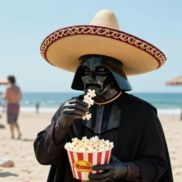 darth voldemort wearing a mexican sombrero, eating popcorn in the beach, by michael whelan and tomer hanuka, close up portrait full of details, by makoto shinkai and thomas kinkade, matte painting, trending on artstation and unreal engine