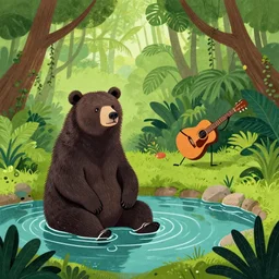 a bear sitting in a pond in a lush jungle together with a guitarist, drawing by moebius