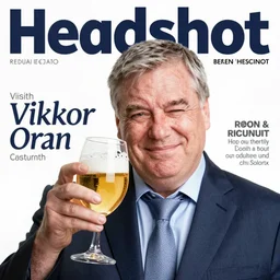 headshot magazine cover photo of viktor orban winking with beer from a wine glass by peter lindbergh, studio lighting