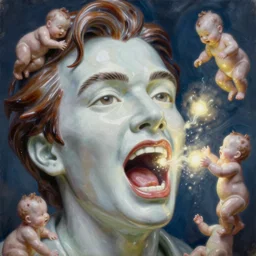 a massive porcelain sculpture in an psychosphere of nicholas cage's face spewing glowing babies from his mouth, in the style of johnson tsang, funny sculpture, lucid dream series, oil on canvas
