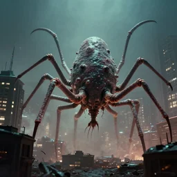 still image taken from sci fi horror movie of a giant praying phage attacking a city. low camera angle. 1 9 6 0.