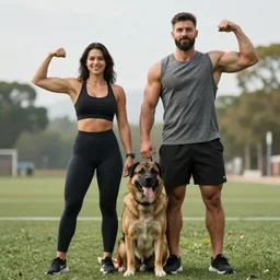 a strong man with a strong dog with a strong woman