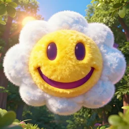 fantastical vibrant smiley face shaped cloud with holes for eyes and mouth, in a nature scene by marc adamus, high definition, sun breaking behind the smiley face, cheerful, rave art