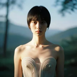 a portrait of light yagami with background scenery by juergen teller, iris van herpen