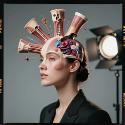 kodak portra, 8 k, shintaro kago, studio light, fashion photography portrait of woman with head splitting open showing exploded view anatomy
