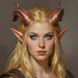 A head-on detailed oil portrait of a distinguished elf woman with small cuflhcopper horns, long blonde hair and bright irises, by greg rutkowski, trending on artstation, dungeon and dragons art