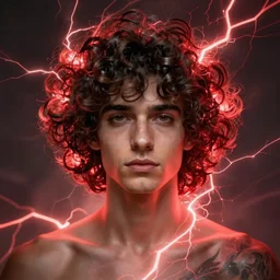 young punk rock man with dark brown waist length curly hair and glowing halo of red lightning, ethereal, dramatic lighting, intricate, elegant, highly detailed, digital painting, artstation, concept art, smooth, sharp focus, illustration, art by Krenz Cushart and Artem Demura and alphonse mucha