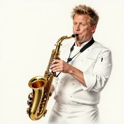hyper detailed ultra - realistic pencil illustration of chef gordon ramsay playing a spicy saxophone made of habanero chillis in front of the masterchef audience, trending on artstation, award winning, colourful