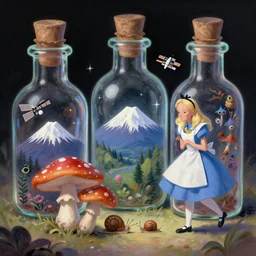 Hell and heaven, captured in bottles, an elderly mushroom walking their pet snail, Mount Fuji seen from the International Space Station, the theme of Alice in Wonderland, digital painting, its softness partakes of fluidity, illustration, deep dark, artstation, intricate, beautiful and thematically complex, ue5, by deiv calviz and bossmonsterbani