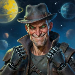 an intimate portrait of a gnarly human cyberpunk captain, old skin, faded hat, robot hands, charming, strong leader, green eyes, a look of cunning, big smile, detailed matte fantasy painting, the planets and night storms behind him, yellow and blue and cyan