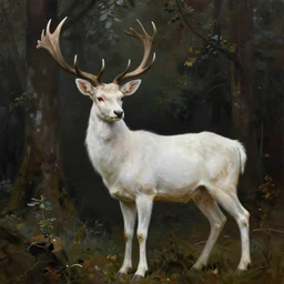 an oil painting of the king of the forest: a white stag, beautiful, fantasy, hyper realistic, dramatic lighting, 8k,