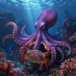 highly detailed portrait of purple octopus holding a crab, stephen bliss, unreal engine, fantasy art by greg rutkowski, rhads, ferdinand knab, makoto shinkai and lois van baarle, ilya kuvshinov, rossdraws, tom bagshaw, global illumination, radiant light, red blue theme, coral reef