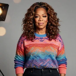headshot of the oprah winfrey, wearing a colorful coogi sweater, and black jeans, photoshoot in the style of annie leibovitz, studio lighting, soft focus, bokeh