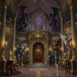 the ornate entrance hall to a huge haunted mansion full of angels and demons fighting over powerful relics in the style of Sylvain Sarrailh,  beautiful digital art, cinematic composition, detailed, concept art, Matt painting, oil painting, high res