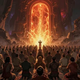 a crowd of worshipers praying to a portal to hell, by James Gurney, luminous lighting, cinematic, panoramic, aspect ratio 1:3