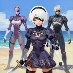 greg manchess portrait painting of tracer from overwatch as 2 b nier automata on the beach holding a sword, organic painting, sunny day, matte painting, bold shapes, hard edges, street art, trending on artstation, by huang guangjian and gil elvgren and sachin teng