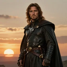 Christian bale as Aragorn, by Alan Lee and John howe, at sunset, concept art, detailed clothing, featured on art station, matte painting