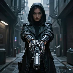 woman gangster with weapon in hand, futuristic, dark futuristic alleyway,  very detailed, detailed mechanical hands, electrical details, cinematic lighting high details, 4k, 8k, trending on artstation, by Hajime Sorayama and Boris Vallejo