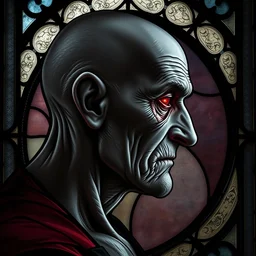 gothic stained glass window, side - view portrait of a very old vampire, grey skin, blemished skin, red eye shadow, bald and shaven, masterful