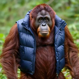 an orangutan wearing a puffer jacket