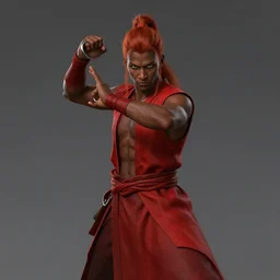 Full body Picture of a Battle Dancer, arab inspired, wearing two metallic rings, dark brown skin, light red hair, waist reaching ponytail, crimson attire, exposed midriff, battle, detailed face features, dark green eyes, D&D, by artgerm and Craig Mullins, James Jean, Andrey Ryabovichev, Mark Simonetti and Peter Morbacher, matte painting, trending on artstation, artstationHD, artstationHQ, octane, full HD, 16K, no extra limbs