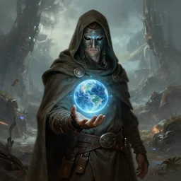 masked nomad male wearing a cloak on an alien world and holding a holographic planet projection in his hand, detailed, sci - fi, digital painting, artstation, sharp focus, illustration, ominous, artgerm, tomasz alen kopera, peter mohrbacher, donato giancola, joseph christian leyendecker, wlop, frank frazetta