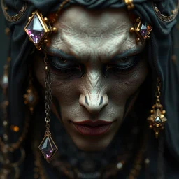 award winning digital portrait of a necromancer by tom bagshaw and lucasfilm, fiber of diamond and amethyst weaving into strands of gold and brass and iron metal filigree joining into carbon fiber strands, fractal shapes, abstract, dramatic lighting, ultra detail, close up, dof, smooth render, cinematic, octane render, art nouveau