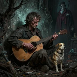 Highly detailed portrait of homeless and beaten up Ashcan Pete playing guitar with dog, sitting near wall, Arkham Horror, Lovecraft, fluid darkness, mystery and evil, 1920, in style 19 century, unreal engine, fantasy art by Greg Rutkowski, Loish, Rhads, ferdinand knab, Makoto Shinkai and Lois van baarle, ilya kuvshinov, rossdraws, Tom Bagshaw, global illumination, radiant light, detailed and intricate environment