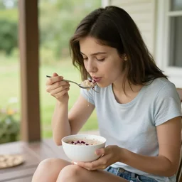 girl sitting on porch eating porridge