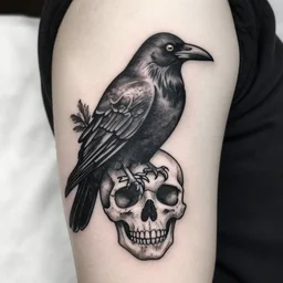 tattoo design of a Raven on a skull, inked, monochrome, black and white