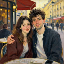 portrait of chebacca an a happy young italian couple with black hair and green eyes sit together outside a busy parisian cafe at sunset painted by emile friant