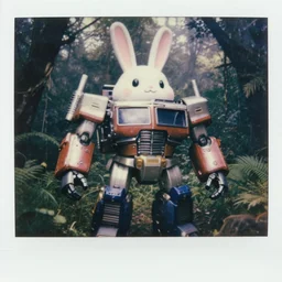 photograph!! giant oversized battle rabbit robot delorean fusion chubby mech transformers retro boombox delorean mixed with mecha robot, in forest jungle, cinematic focus, polaroid photo, vintage, neutral dull colors, soft lights, foggy, by oleg oprisco, by thomas peschak, by discovery channel, by victor enrich, by gregory crewdson