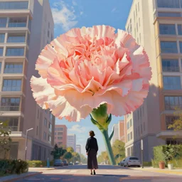 giant carnation flower head, woman standing between luxury apartments, surreal photography, sunlight, impressionist painting, digital painting, artstation, simon stalenhag