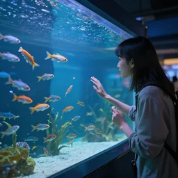 an aquarium where fish come to watch humans, realistic, unreal engine, octane render, 8k