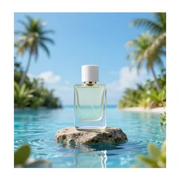 perfume bottle on a tropical oasis small rock floating in the reflective blue sea surrounded by plethora of fauna and flora, bright blue skies up close shot, white background, zen, light, modern minimalist f 2 0 clean