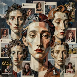 a collage made out of fragments of printed images taken from online , fashion magazines, and family photographs all coming together to form hybrid faces with twisted features in the Dadaesque style, mixed media